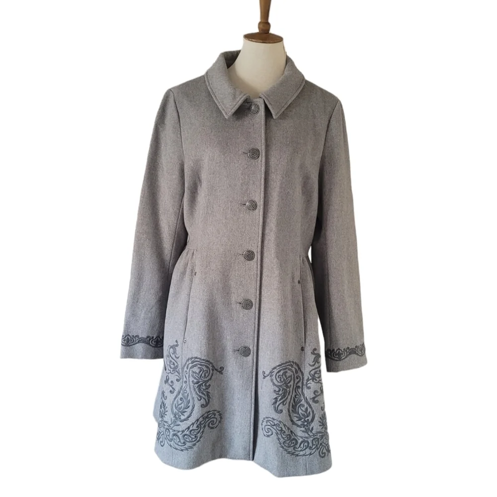 Odd Molly Gray Embroidered Wool Midi  Swing Coat. NWT‎